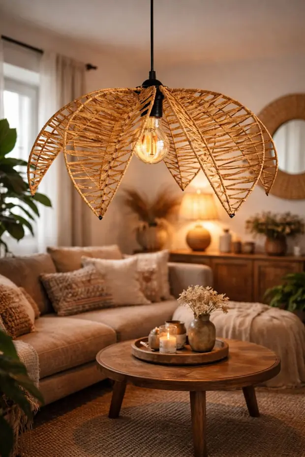 Bohem Handmade Yaprak Tasarımlı Sarkıt Avize - Doğal Rafya Hasır - 40cm